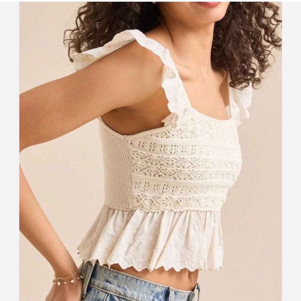 Altar'd State Cream Lace Ruffle Sweater Knit Crop Top - Size M